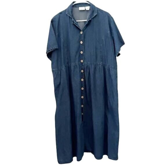 The Vermont Country Store Denim Button-Front Dress 2X 100% Cotton Short Sleeve - Picture 1 of 8